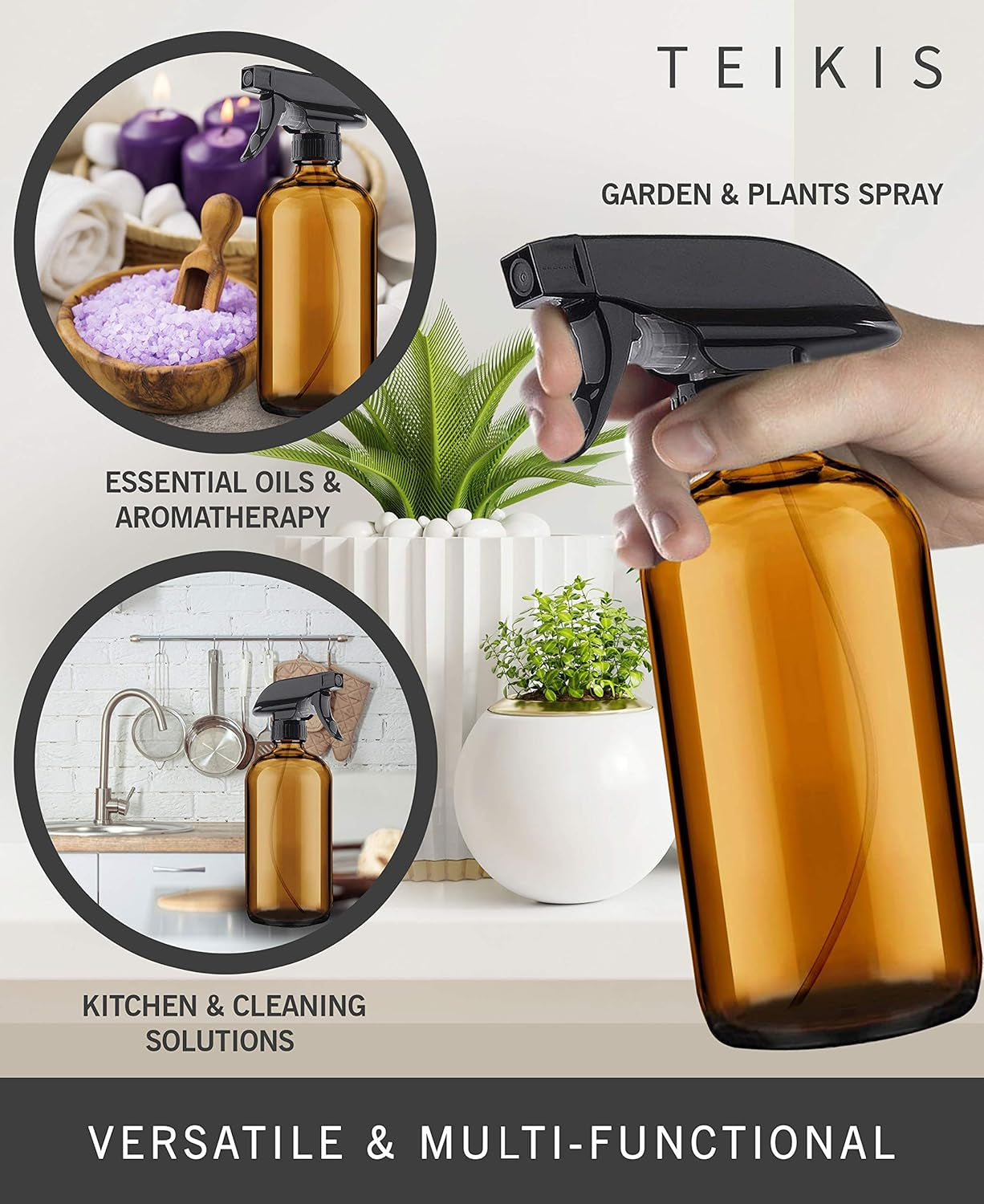 2 Pack Amber Glass Spray Bottles - 16 Oz Mist & Stream Sprayer - Heavy Duty Brown Boston round Bottle - Refillable Empty Containers for Essential Oils, Aromatherapy, Hair, Kitchen & Cleaning Solutions