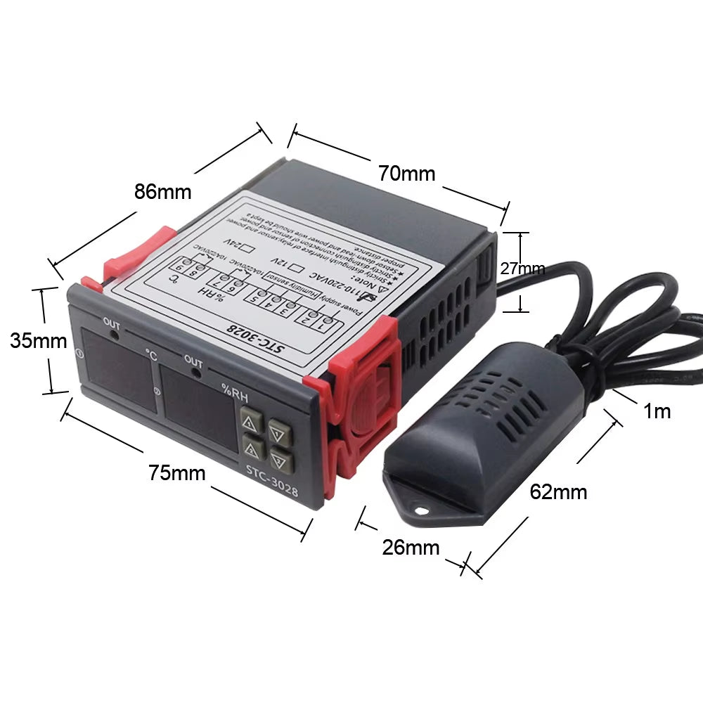STC-3028 Dual Digital Thermostat Temperature Humidity Control Thermometer Hygrometer Incubator Controller AC 220V DC 12V 24V