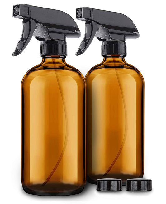 2 Pack Amber Glass Spray Bottles - 16 Oz Mist & Stream Sprayer - Heavy Duty Brown Boston round Bottle - Refillable Empty Containers for Essential Oils, Aromatherapy, Hair, Kitchen & Cleaning Solutions