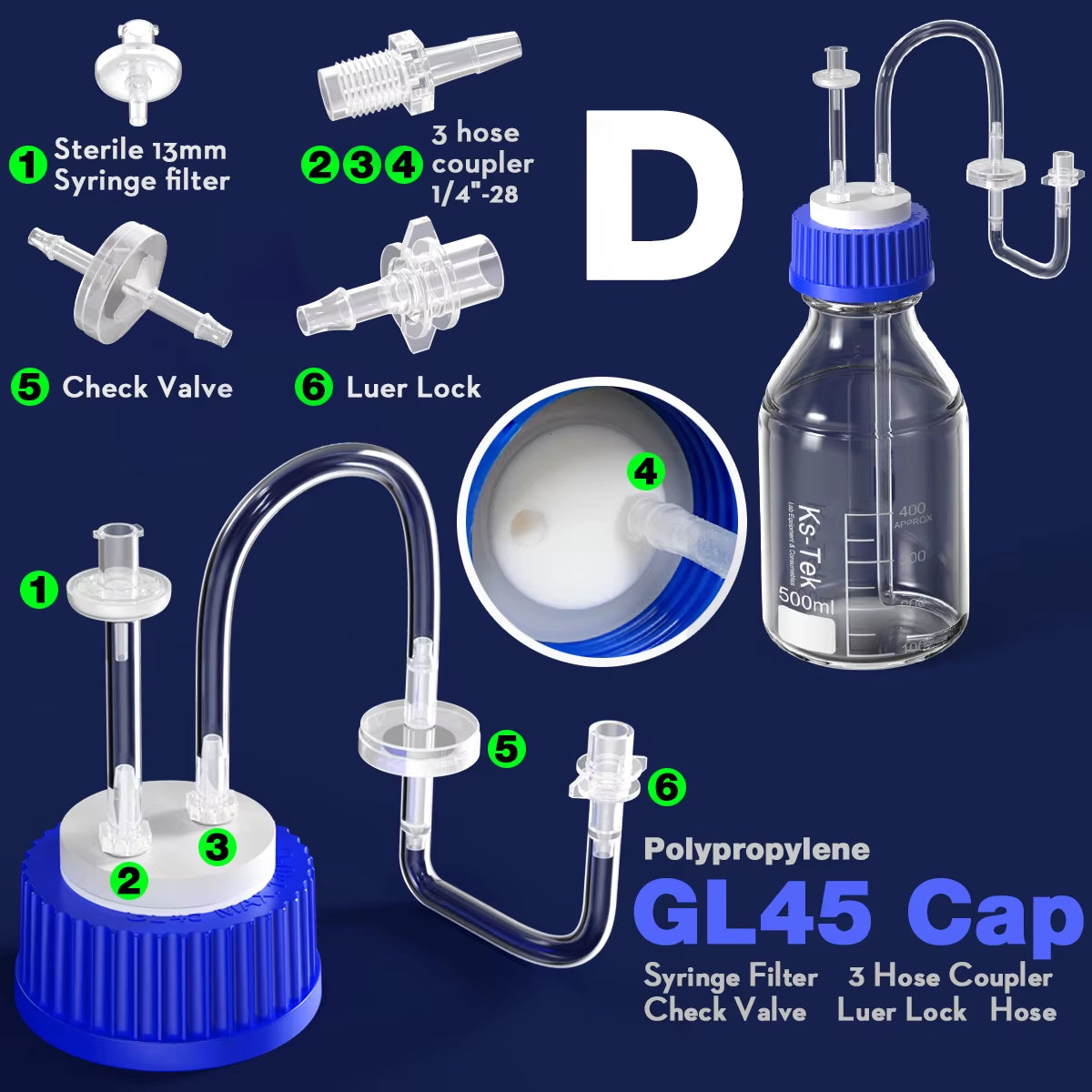 GL45 Porous Cap Spiral Cap Liquid Chromatography Waste Cap 8/1 4/1 Reagent Bottle Fluid Output Cap by